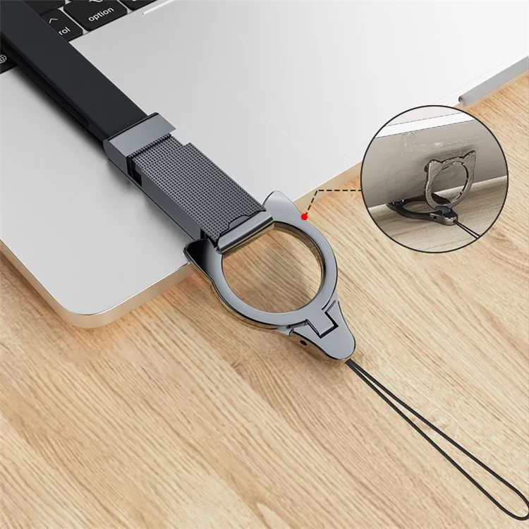 INYUE Detachable Cat Head Ring Kickstand Slide Buckle Liquid Silicone Lanyard Phone Anti-drop Neck Strap - Black