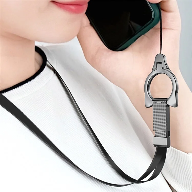 INYUE Detachable Cat Head Ring Kickstand Slide Buckle Liquid Silicone Lanyard Phone Anti-drop Neck Strap - Black