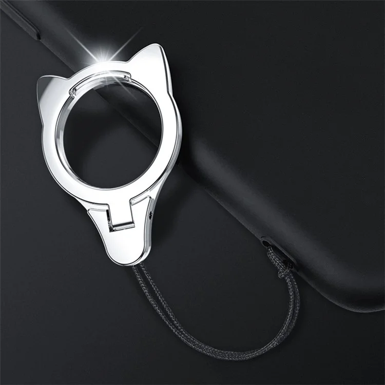 INYUE Detachable Cat Head Ring Kickstand Slide Buckle Liquid Silicone Lanyard Phone Anti-drop Neck Strap - Black