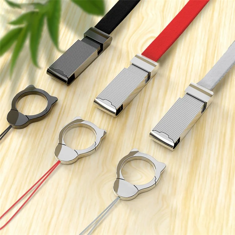 INYUE Detachable Cat Head Finger Ring Slide Buckle Design Woven Nylon Lanyard Phone Anti-drop Neck Strap - Silver