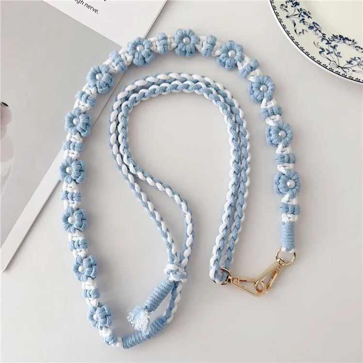 Einstellbarer Handy-Lanyard, Baumwollseil, geflochten, Gänseblümchen-Crossbody-Gurt, Länge: 120 cm - Blau
