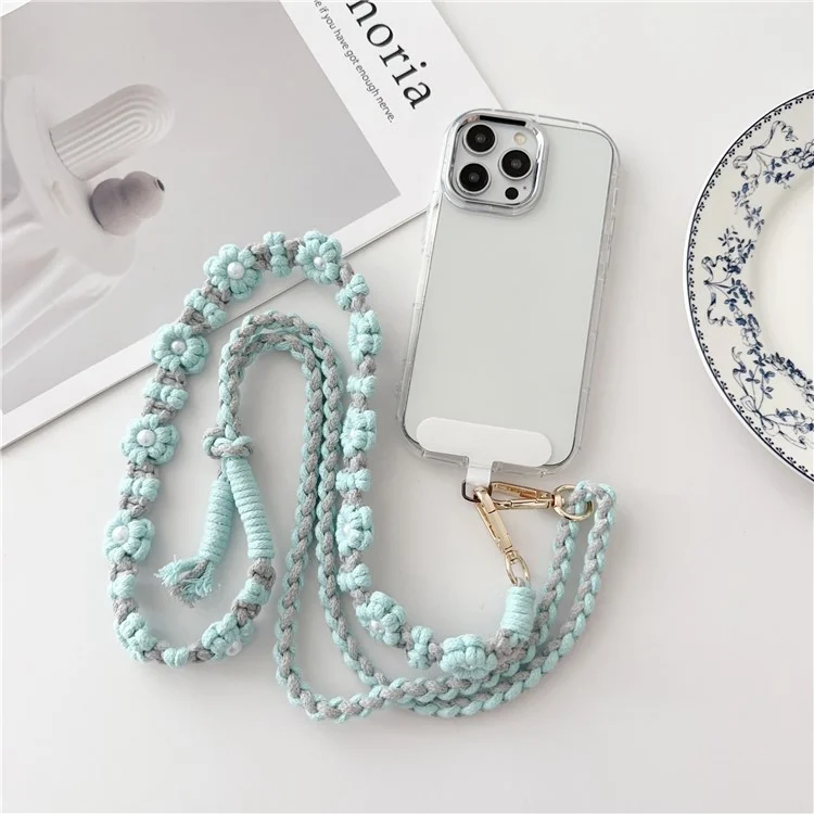 Einstellbarer Handy-Lanyard, Baumwollseil, geflochten, Gänseblümchen-Crossbody-Gurt, Länge: 120 cm - Blau
