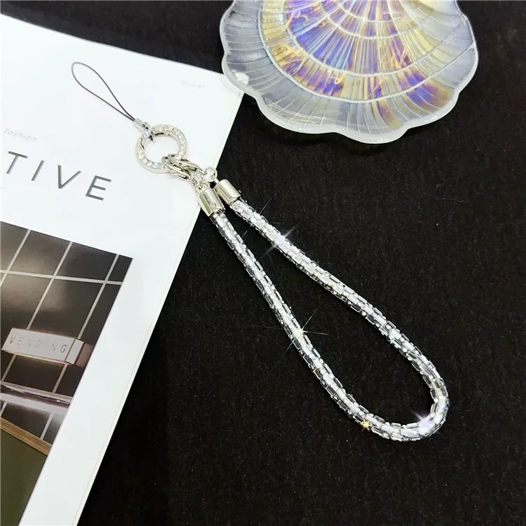 Phone Wrist Strap Lanyard Universal Hand Strap Square Rhinestones Decor, Comprimento: 25cm - Crystal White