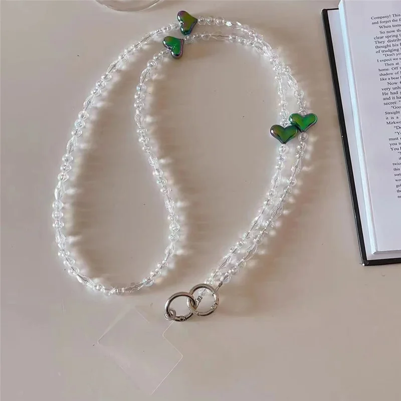 Telefoonketting Crossbody Riempje 120 cm Hart Transparant Gebloemd Schouderhouder met Bevestigingsclip - Donkergroen