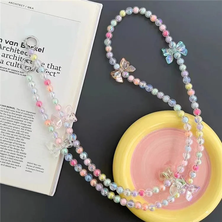 120 cm Crossbody Body Breded Strap Butterfly Decor Colorful Beads Phone Chain Lonyard With Tether Tab