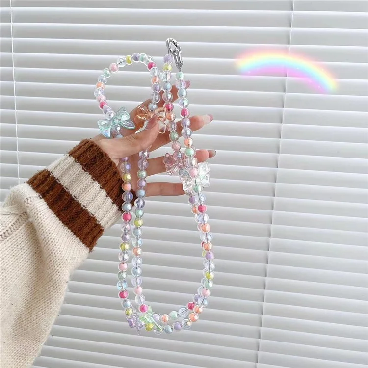120 cm Crossbody Body Breded Strap Butterfly Decor Colorful Beads Phone Chain Lonyard With Tether Tab