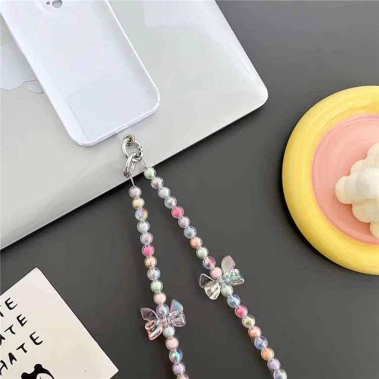 120 cm Crossbody Body Breded Strap Butterfly Decor Colorful Beads Phone Chain Lonyard With Tether Tab