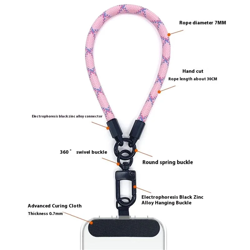 Phone Wrist Strap 7mm Thick Polyester Anti Theft Mobile Phone Lanyard with Tether Tab, Total Length: 30cm - Black+Pink Twill