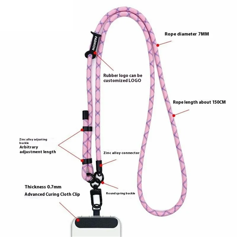 Phone Neck Strap 7mm Thick Polyester Adjustable Universal Phone Strap with Tether Tab, Total Length: 150cm - Blue+Rose+Pink