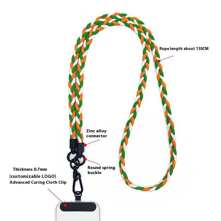 Phone Lanyard Tri-Color Splicing Polyester Crossbody Shoulder Strap with Tether Tab, Total Length: 130cm - Green+White+Orange