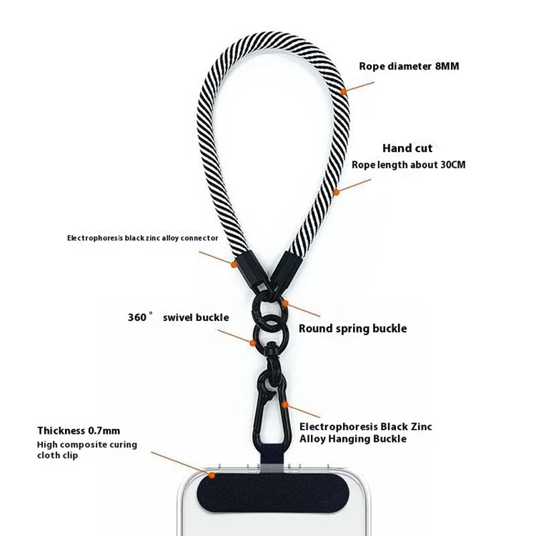 Phone Hand Strap 8mm Polyester Short Strap Lanyard with Tether Tab, Length: 30cm - Black White Mesh