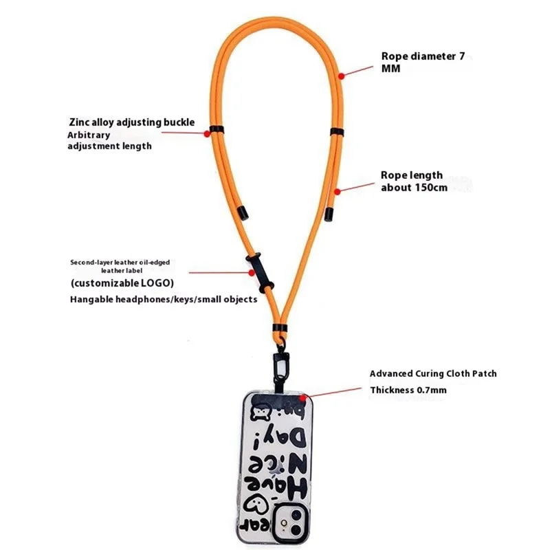 7mm Adjustable Phone Crossbody Strap Polyester Shoulder Strap Lanyard with Tether Tab, Total Length: 150cm - Orange+Green+Pink