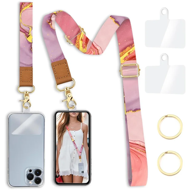 Adjustable Crossbody Phone Lanyard Key Badge Neck Strap Wrist Strap with 2 Tether Tabs + 2 Round Buckles - Pink Marble