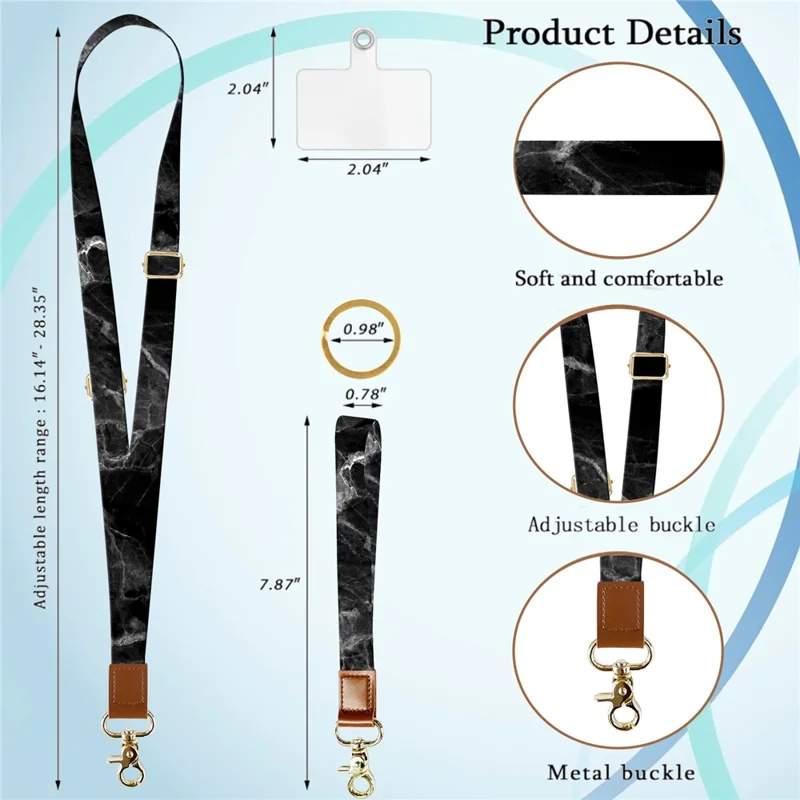 Adjustable Crossbody Phone Lanyard Key Badge Neck Strap Wrist Strap with 2 Tether Tabs + 2 Round Buckles - Pink Marble