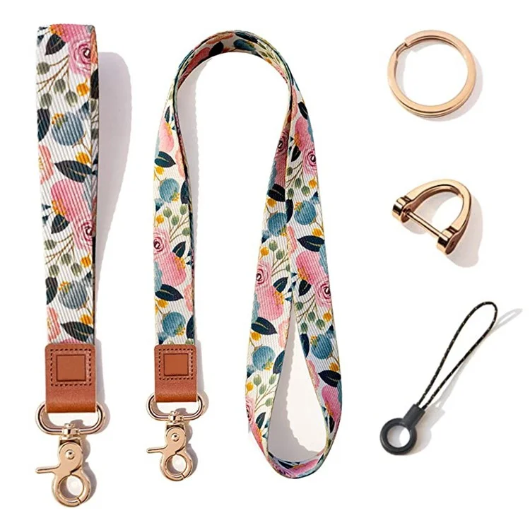Pattern Neck Phone Lanyard ID Badge Holder Polyester Wrist Strap with 2 Metal Buckles - Flower Pattern