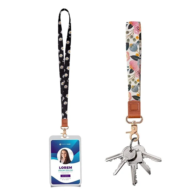 Pattern Neck Phone Lanyard ID Badge Holder Polyester Wrist Strap with 2 Metal Buckles - Flower Pattern