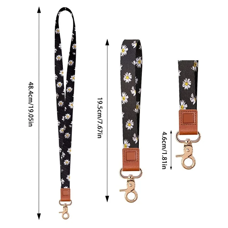 Pattern Neck Phone Lanyard ID Badge Holder Polyester Wrist Strap with 2 Metal Buckles - Flower Pattern