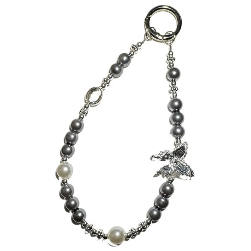 Beaded Phone Charms 30cm Butterfly Pearl Bracelet Wrist Strap Lanyard - Dark Grey