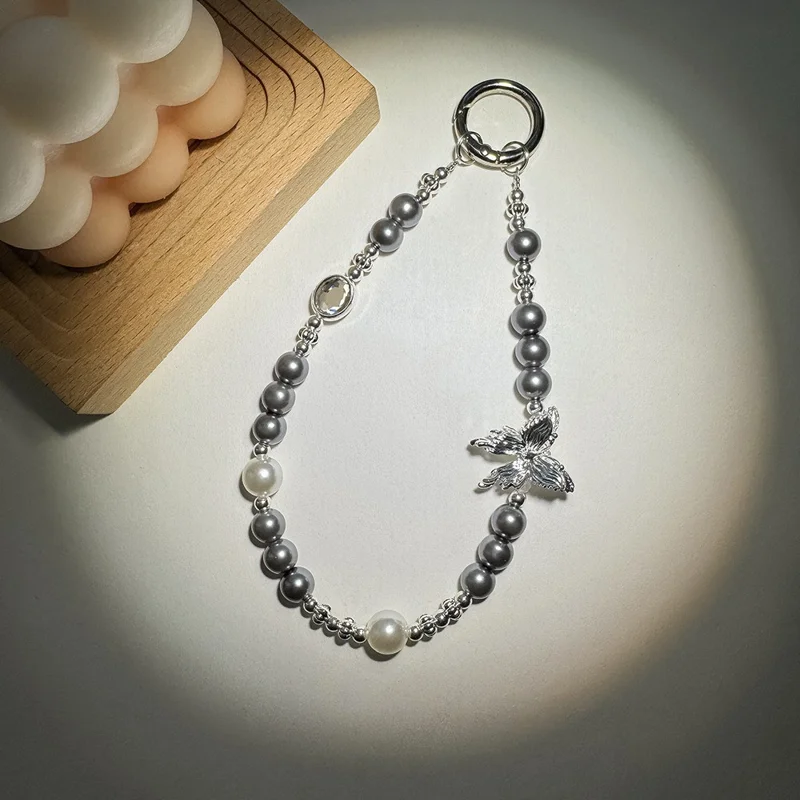 Beaded Phone Charms 30cm Butterfly Pearl Bracelet Wrist Strap Lanyard - Dark Grey