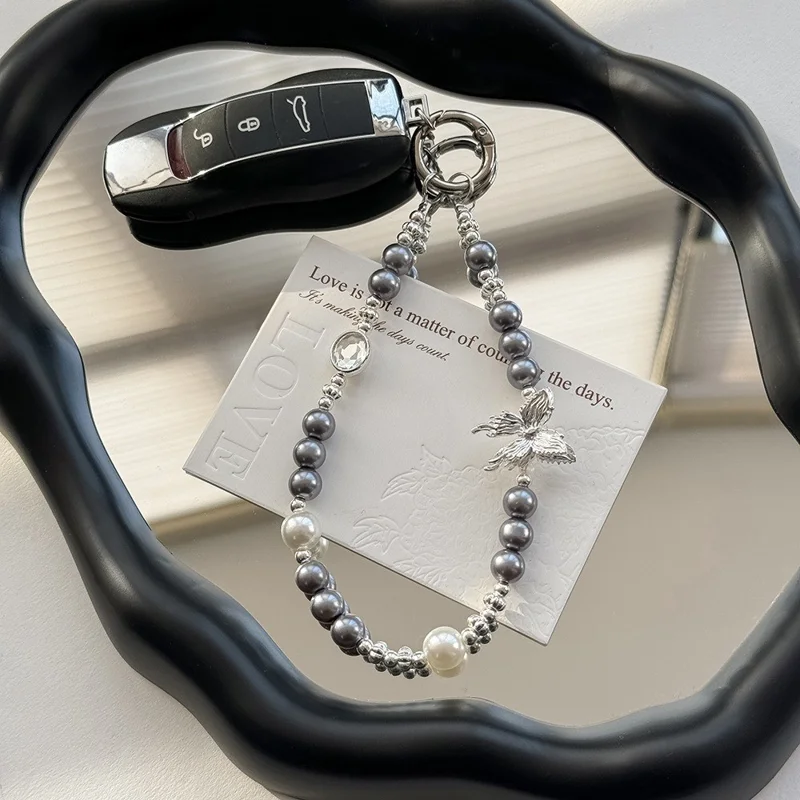 Beaded Phone Charms 30cm Butterfly Pearl Bracelet Wrist Strap Lanyard - Dark Grey