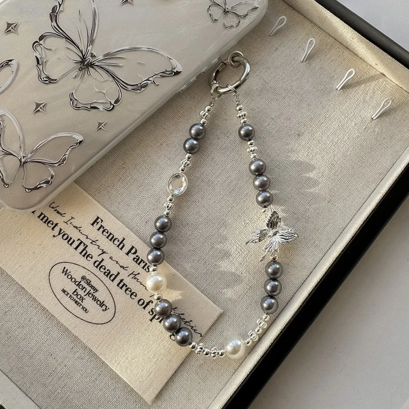 Beaded Phone Charms 30cm Butterfly Pearl Bracelet Wrist Strap Lanyard - Dark Grey