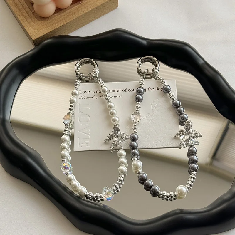 Beaded Phone Charms 30cm Butterfly Pearl Bracelet Wrist Strap Lanyard - Dark Grey