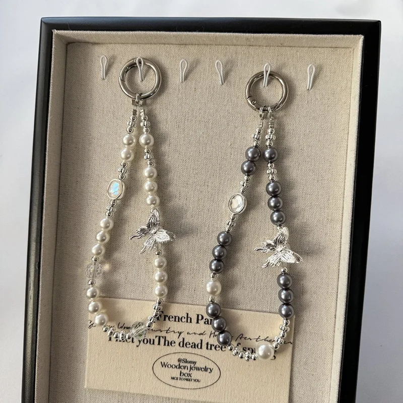 Beaded Phone Charms 30cm Butterfly Pearl Bracelet Wrist Strap Lanyard - Dark Grey
