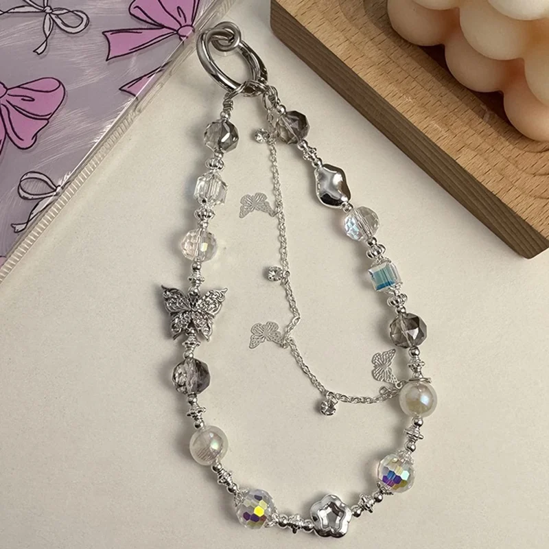 Beaded Phone Charms Anti-Lost 30cm Butterfly Pearl Bracelet Strap - Silver