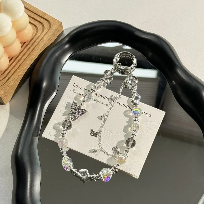 Beaded Phone Charms Anti-Lost 30cm Butterfly Pearl Bracelet Strap - Silver