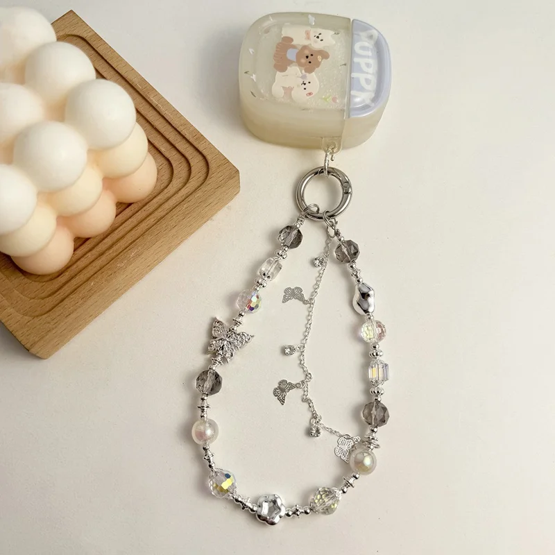 Beaded Phone Charms Anti-Lost 30cm Butterfly Pearl Bracelet Strap - Silver