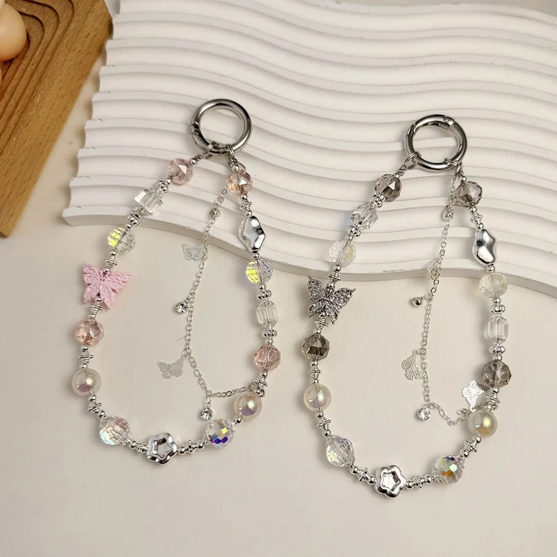 Beaded Phone Charms Anti-Lost 30cm Butterfly Pearl Bracelet Strap - Silver