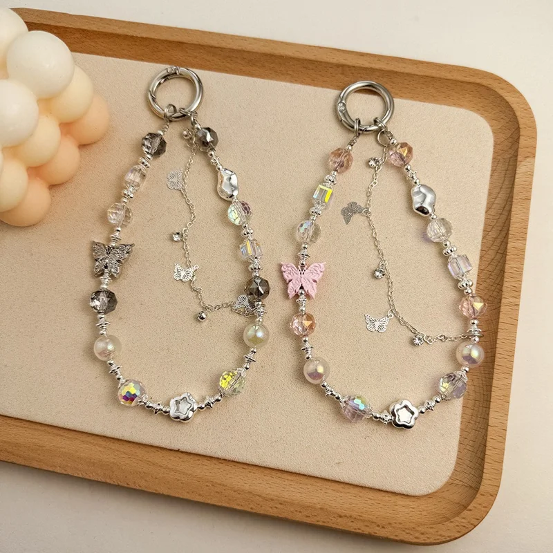 Beaded Phone Charms Anti-Lost 30cm Butterfly Pearl Bracelet Strap - Silver