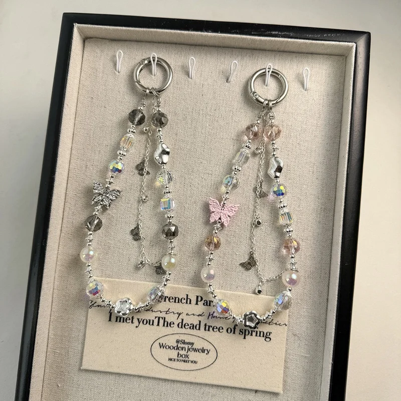 Beaded Phone Charms Anti-Lost 30cm Butterfly Pearl Bracelet Strap - Silver