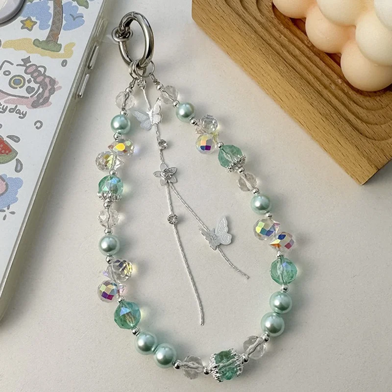 Cell Phone Lanyard 30cm Pearl Bead Phone Charm Wrist Strap - Green
