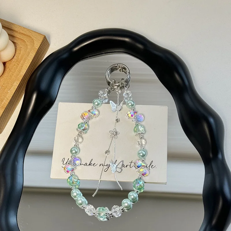 Cell Phone Lanyard 30cm Pearl Bead Phone Charm Wrist Strap - Green