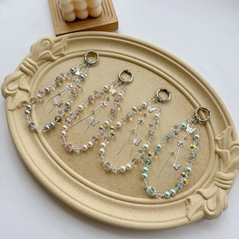 Cell Phone Lanyard 30cm Pearl Bead Phone Charm Wrist Strap - Green