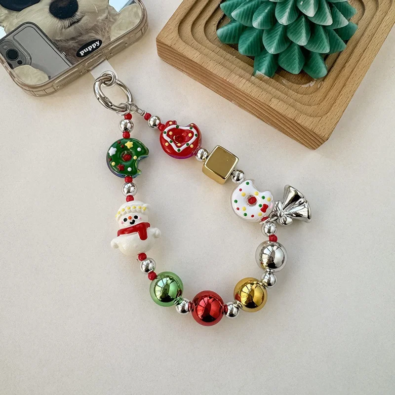 Christmas Beaded Lanyard 30cm Wrist Strap Xmas Phone Lanyard Decorative Charm