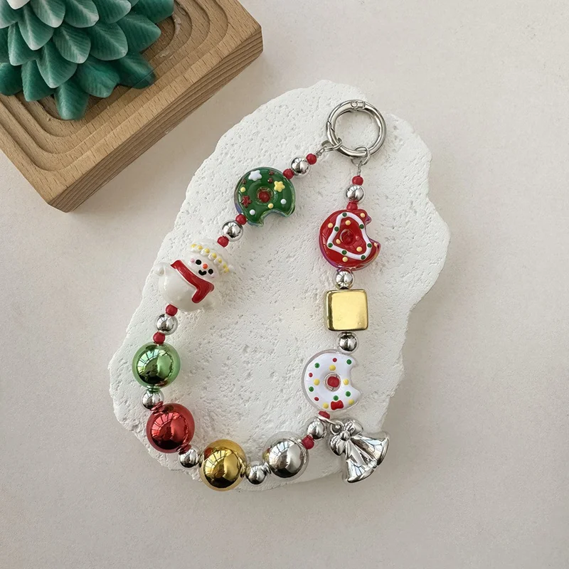 Christmas Beaded Lanyard 30cm Wrist Strap Xmas Phone Lanyard Decorative Charm