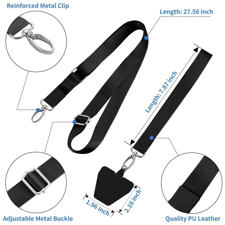 Adjustable Crossbody Phone Lanyard Neck Strap Wrist Strap Key Chain Holder with 2 Tether Tabs - Black