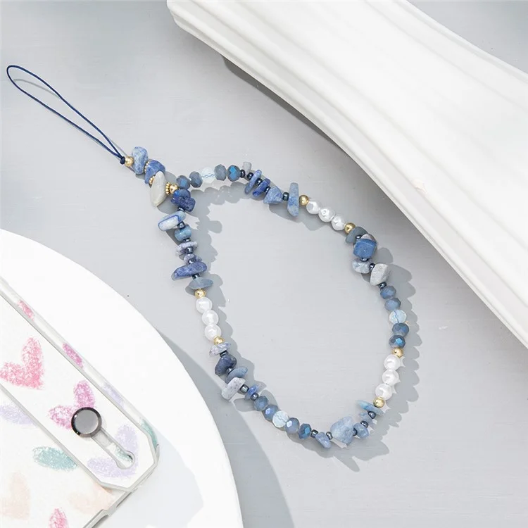 30cm Stones Pearls Phone Charm Strap Wristlet Strap Anti-Lost Lanyard - Blue