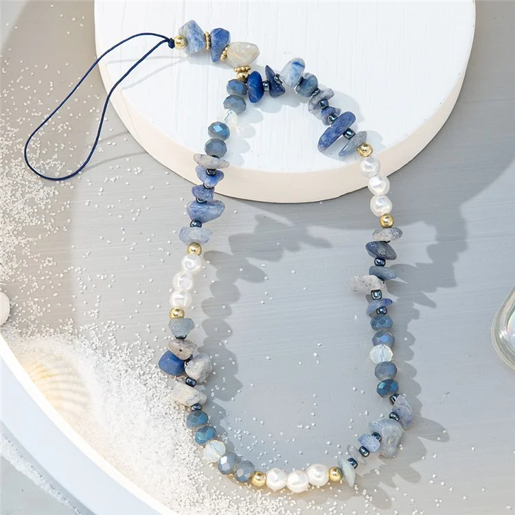30cm Stones Pearls Phone Charm Strap Wristlet Strap Anti-Lost Lanyard - Blue