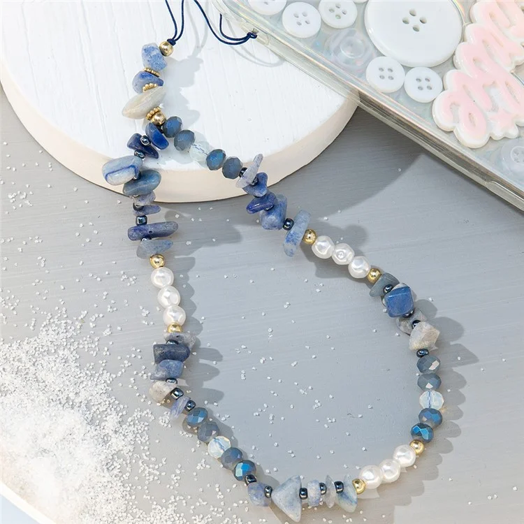 30cm Stones Pearls Phone Charm Strap Wristlet Strap Anti-Lost Lanyard - Blue