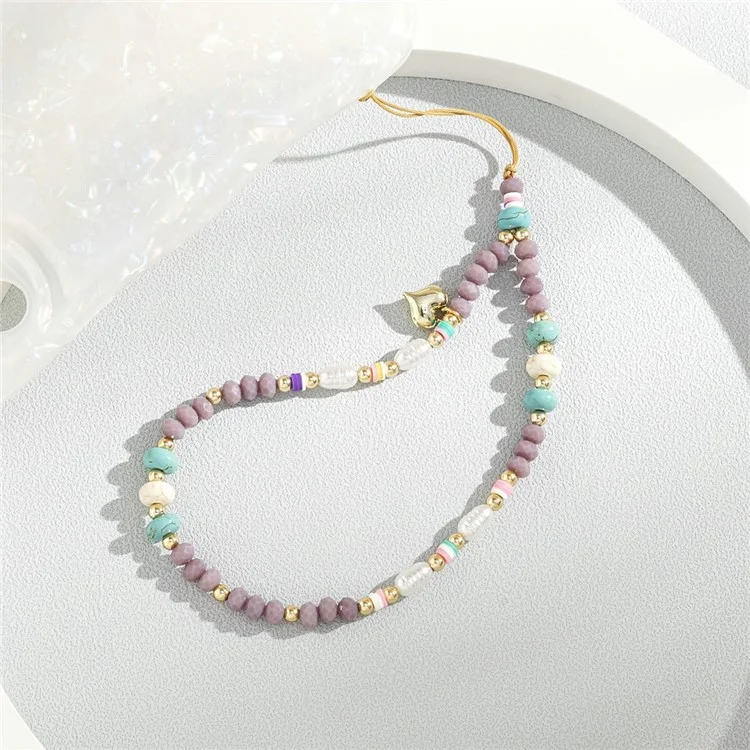 30cm Phone Wrist Strap Glass Polymer Clay Acrylic Beads Charm Strap Lanyard - Purple
