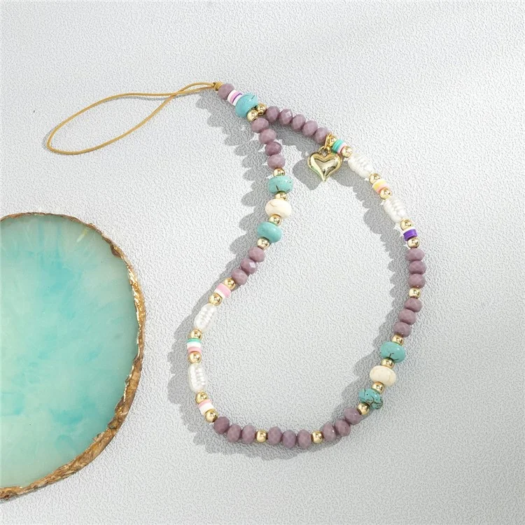 30cm Phone Wrist Strap Glass Polymer Clay Acrylic Beads Charm Strap Lanyard - Purple