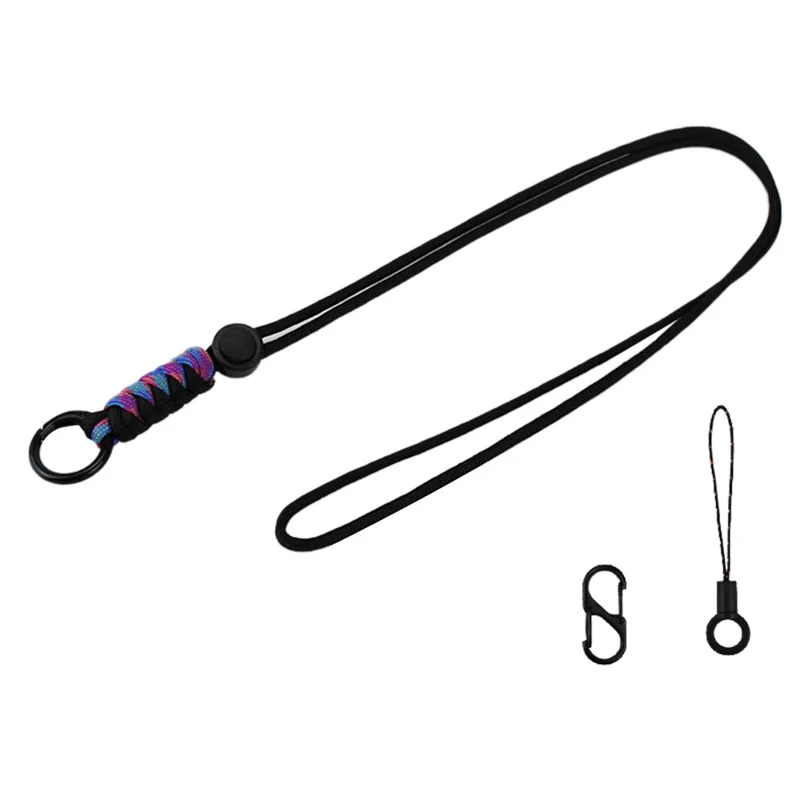 48cm Dual Color Neck Strap 4mm 7-Core Paracord Braided Lanyard for Keychain Earphone - Black+Rainbow