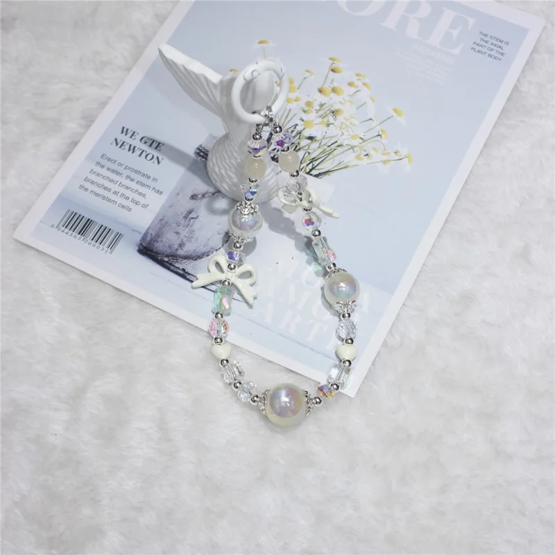 Cell Phone Lanyard 26cm Luminous Beads Bow Charm Phone Chain Wrist Strap - White