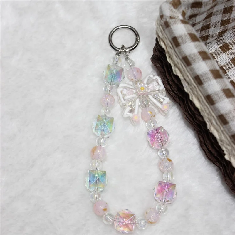 Cell Phone Lanyard 26cm Bow Charm Flower Beads Phone Chain Wrist Strap