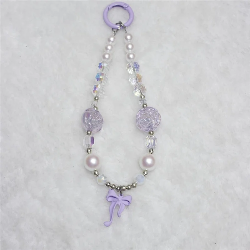 Phone Wrist Strap Short 26cm Flower Bow Accents Beaded Phone Bracelet Strap - Purple