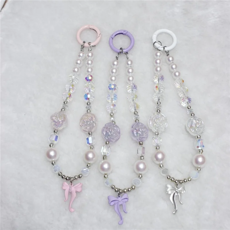 Phone Wrist Strap Short 26cm Flower Bow Accents Beaded Phone Bracelet Strap - Purple