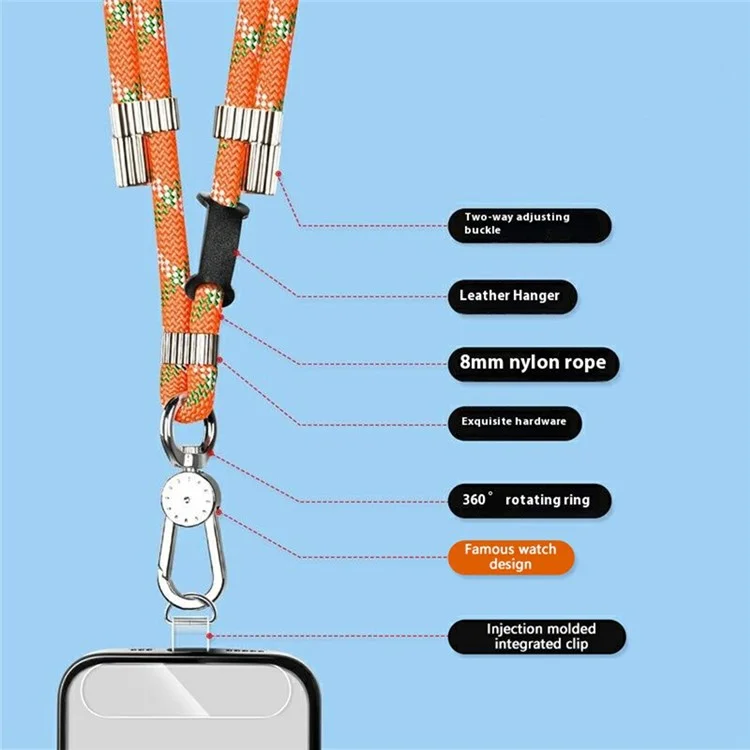 8mm Adjustanle Nylon Phone Lanyard Zinc Alloy Buckle Crossbody Neck Strap with Bidirectional Clip - Black